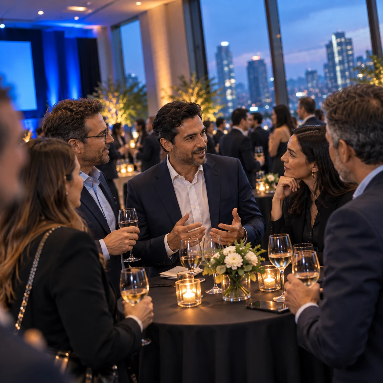 Grupo de directivos conversando durante un evento ejecutivo nocturno con vista a la ciudad
